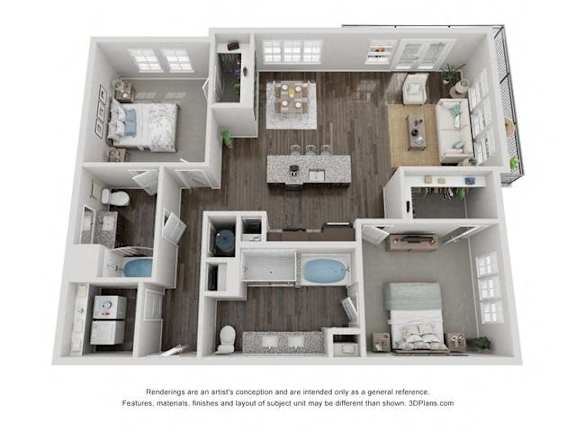 A 3D floor plan of a small apartment with two bedrooms, a living room, a kitchen, and a bathroom.