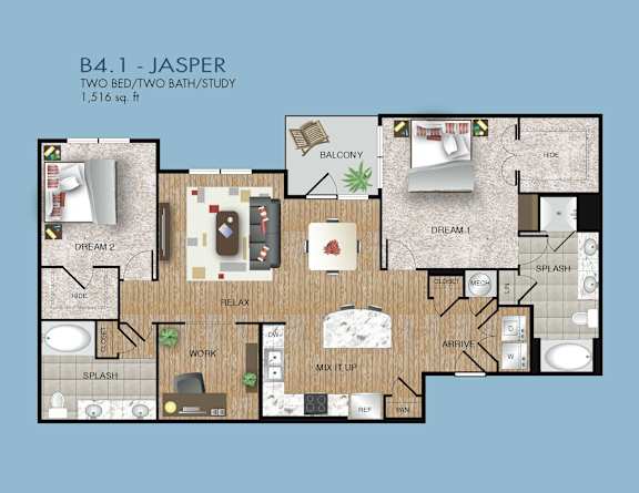 A floor plan of apartment B4.1 - Jasper, which is 1,516 sq. ft. and has two bedrooms, two bathrooms, and a study.