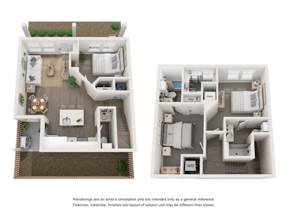 Two floor plans of a house with a kitchen, living room, bedrooms and bathrooms.