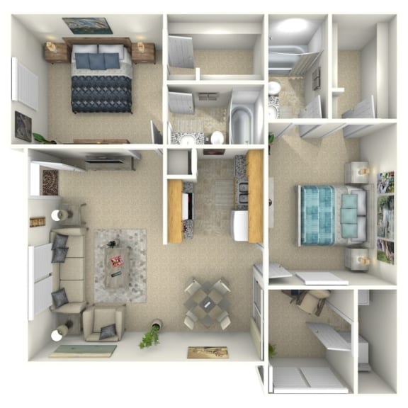 a 3d rendering of a floor plan with bedrooms and a living room
