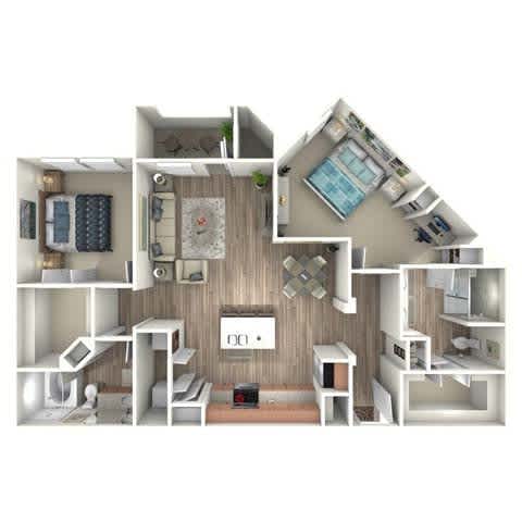 A 3D rendered image of a small apartment layout.