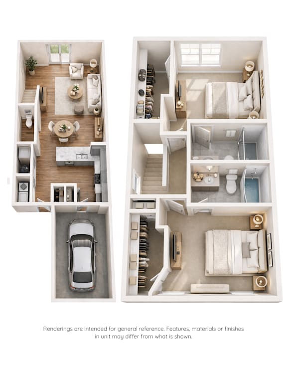 Two floor plans of a house with a car parked in the garage.