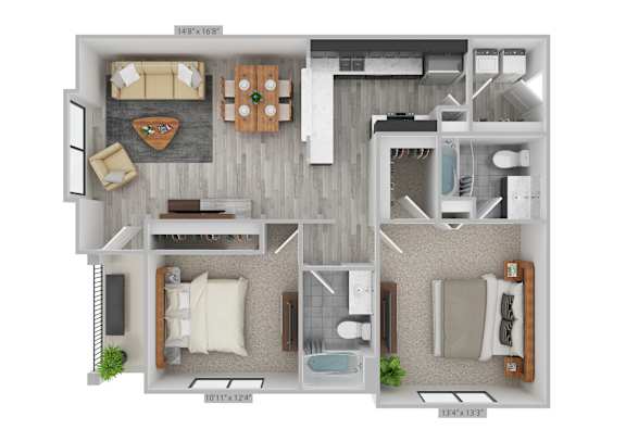 A floor plan of a two-bedroom apartment with a living room, kitchen, and bathroom.