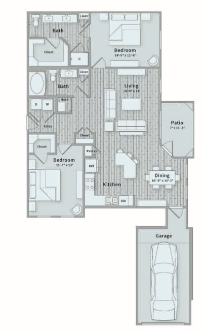 A floor plan of a house with a garage and a patio.