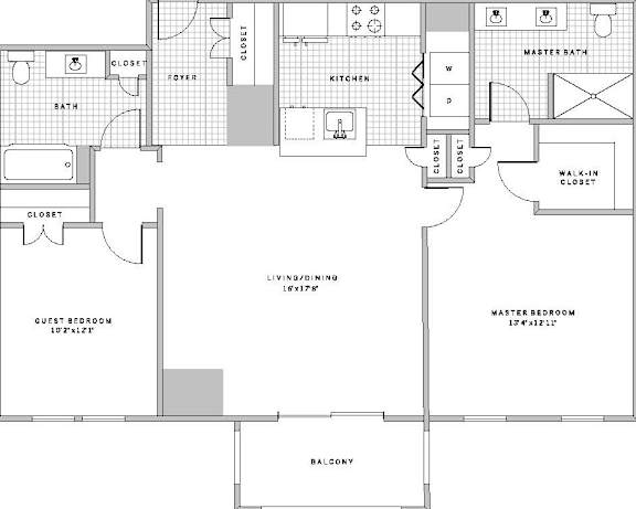 A floor plan of a house with a living room, two bedrooms, a bathroom, a kitchen, and a walk-in closet.