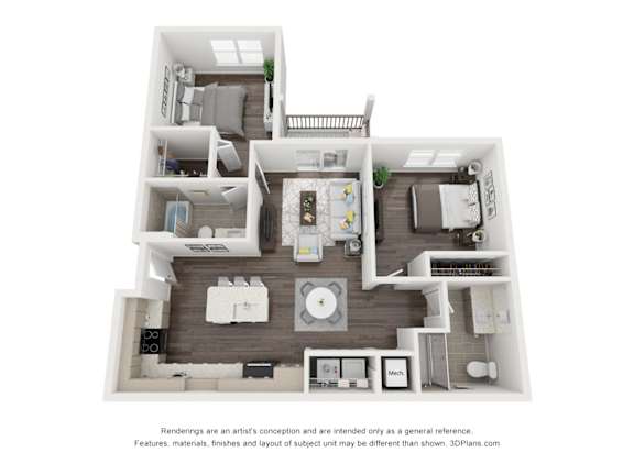 A 3D floor plan of a house with a kitchen, living room, and two bedrooms.