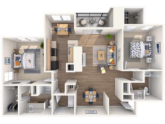 A 3D floor plan of a house showing a kitchen, living room, dining room, and bedrooms.