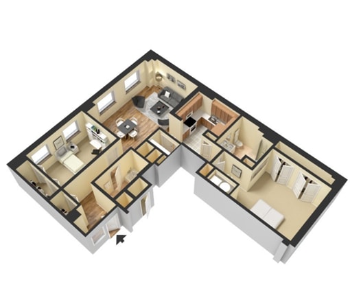 A 3D floor plan of a house with multiple rooms.