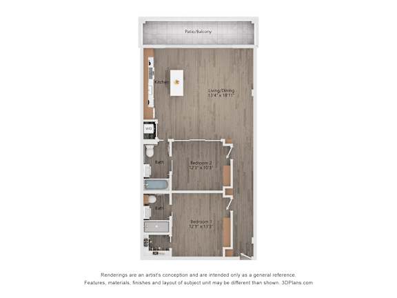 A floor plan of a house with a kitchen, dining room, and two bedrooms.