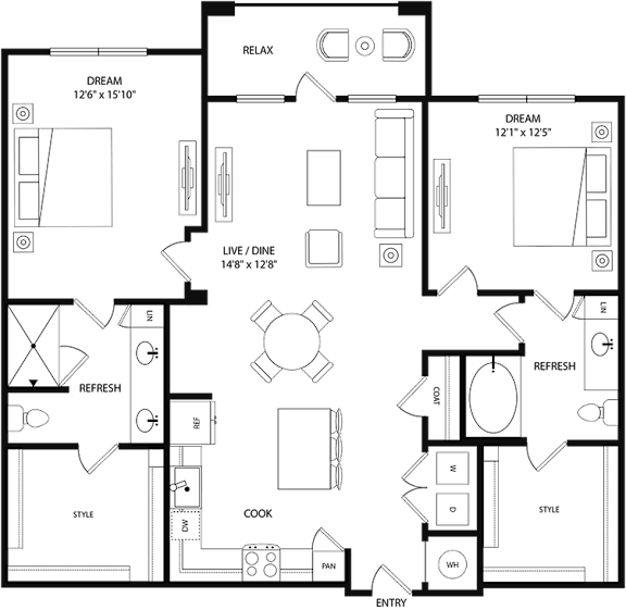 A black and white floor plan of a house with labeled rooms such as "DREAM", "REFRESH", "COOK", and "ENTRY".