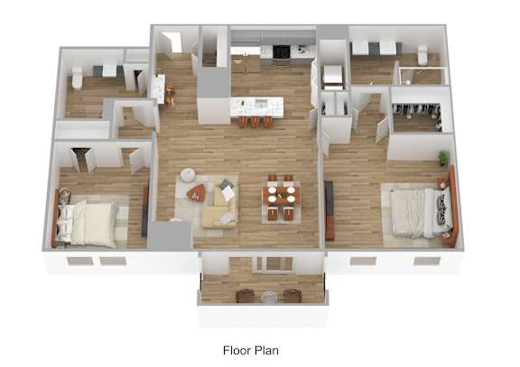 A floor plan of a house with a living room, dining room, kitchen, and bedrooms.