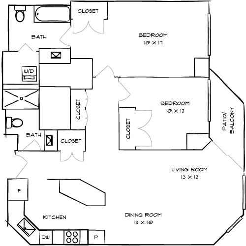A floor plan of a house with a living room, dining room, kitchen, and two bedrooms.