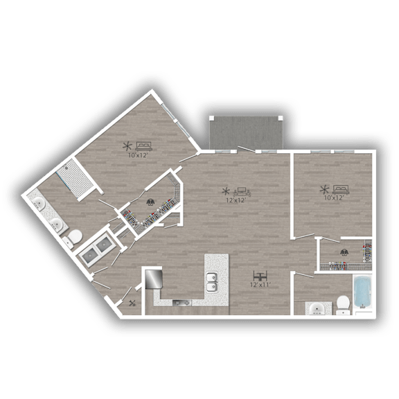A floor plan of a house with two bedrooms, two bathrooms, a living room, a kitchen, and a dining area.