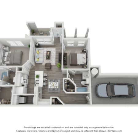 A 3D rendering of a modern house layout.