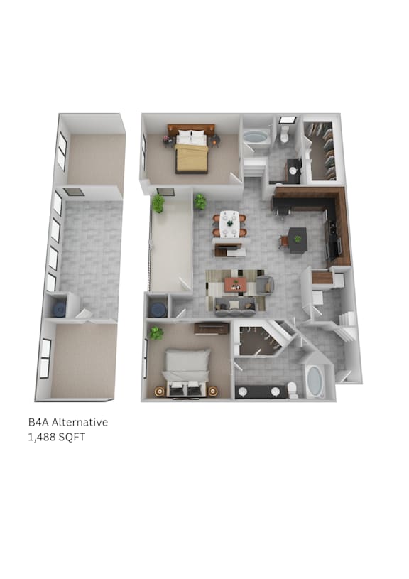 A floor plan of a B4A Alternative apartment with 1,488 square feet.