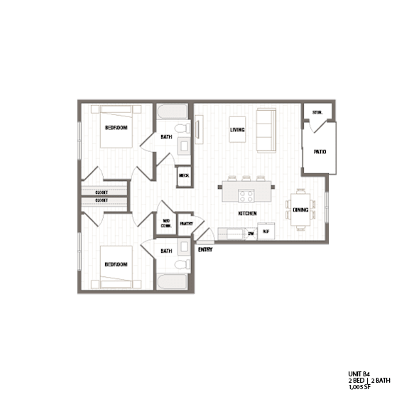 A floor plan of a house with a living room, dining room, kitchen, and two bedrooms.