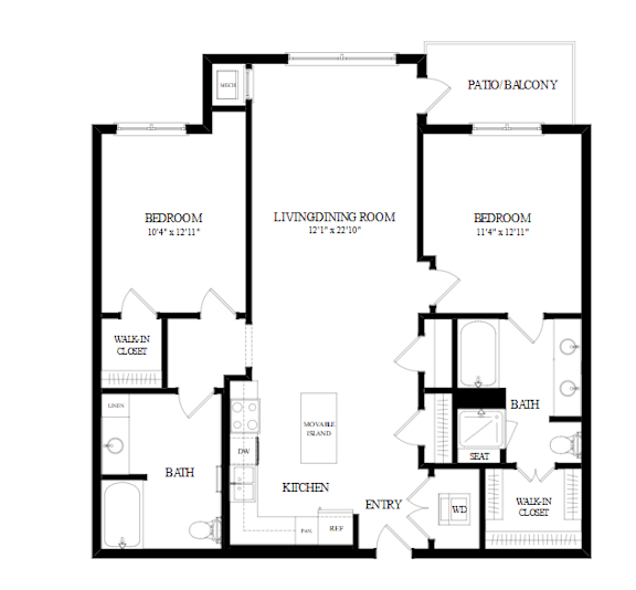 A black and white floor plan of a house with two bedrooms, a living room, a patio, a kitchen, a bath, a walk-in closet, and a laundry room.