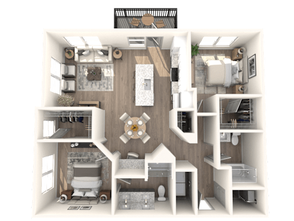 A 3D floor plan of a house with a living room, kitchen, and two bedrooms.