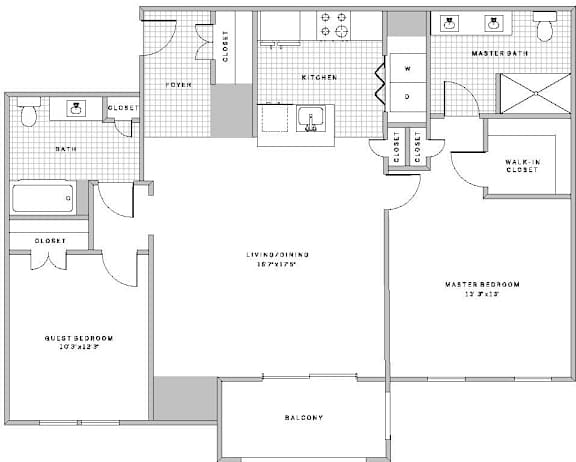 A floor plan of a house with a master bedroom and a balcony.
