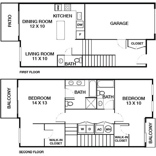 A floor plan of a two-story house with a garage and two balconies.
