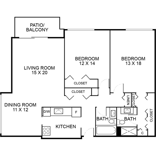 A floor plan of a house with a living room, dining room, kitchen, two bedrooms, and a patio/balcony.
