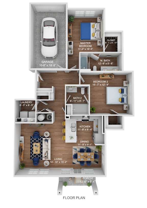 a floor plan of a house with a car in the garage