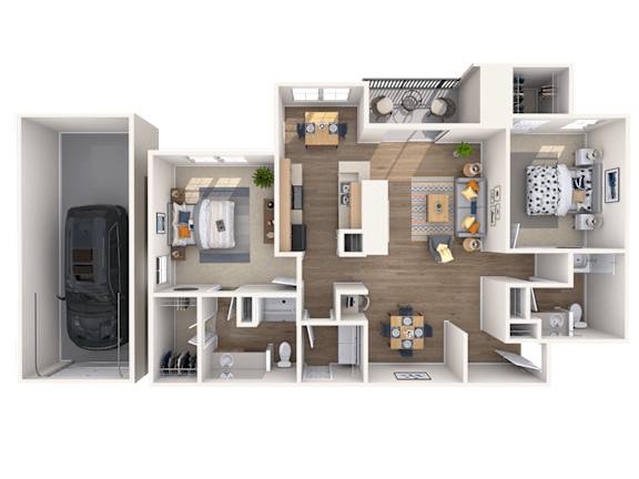 A 3D floor plan of a small apartment with a kitchen, living room, and bathroom.