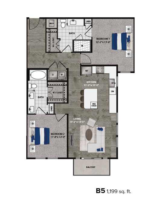 A floor plan of a home with two bedrooms, a living room, a bathroom, and a balcony.