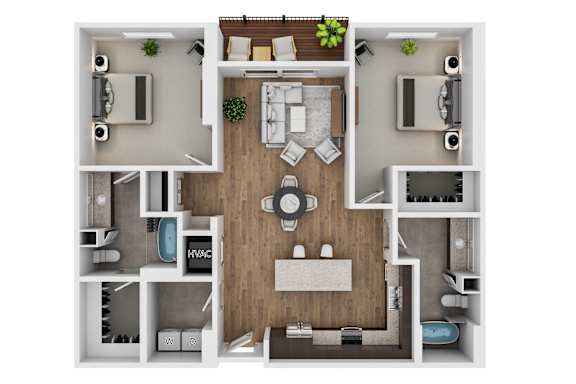 A top-down view of a small apartment layout with a kitchen, living room, and bathroom.