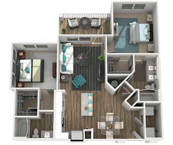 A 3D rendered image of a house layout.