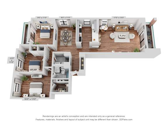 A 3D floor plan of a house with labeled dimensions.