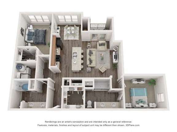 A 3D floor plan of a house with a kitchen, living room, and bathrooms.