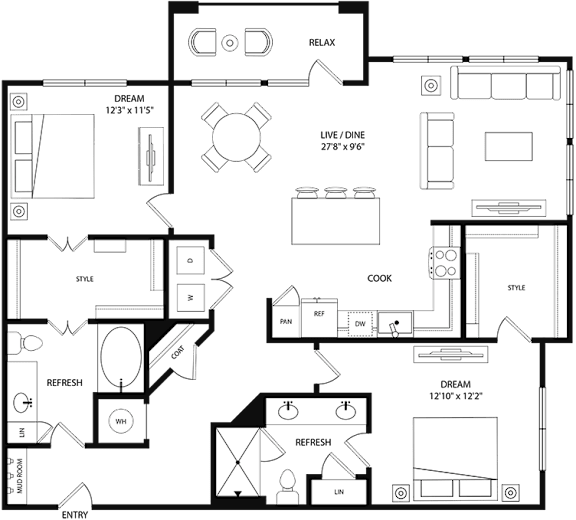 A floor plan of a house with labeled rooms such as RELAX, DREAM, and COOK.