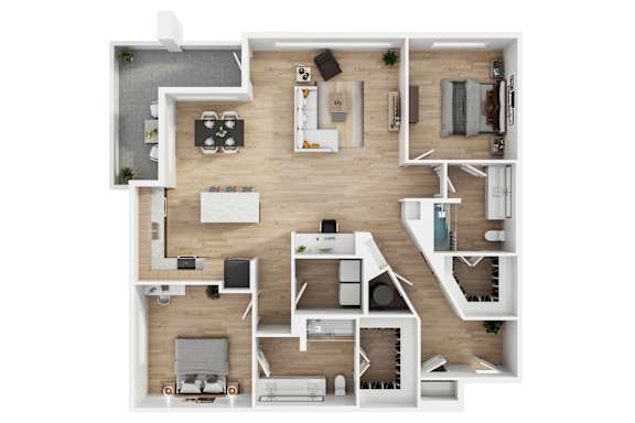 A top-down view of a house layout with a kitchen, living room, and two bedrooms.