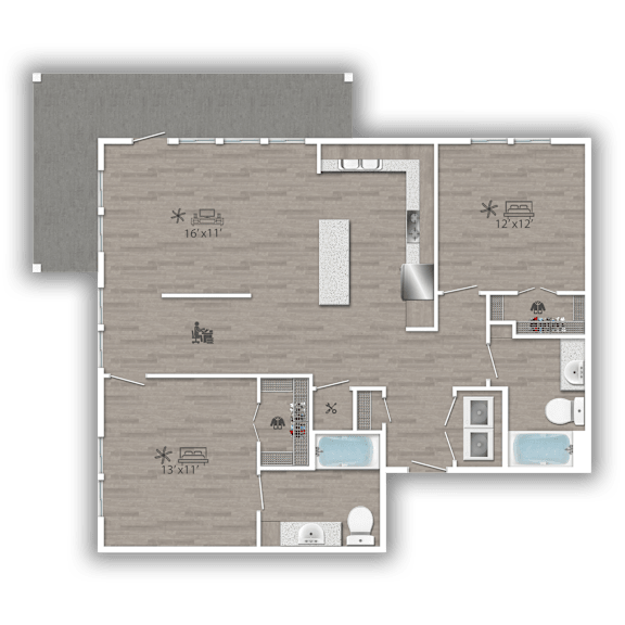 A floor plan of a house with a kitchen, living room, and two bedrooms.