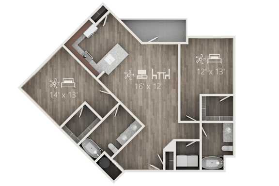 A floor plan of a house with a kitchen, living room, and two bedrooms.