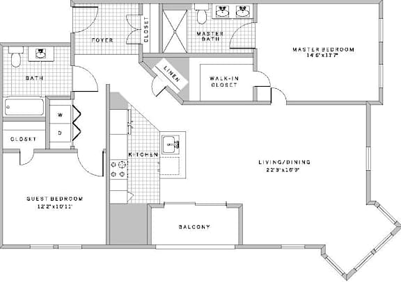 A black and white floor plan of a house with a living room, dining room, kitchen, and two bedrooms.