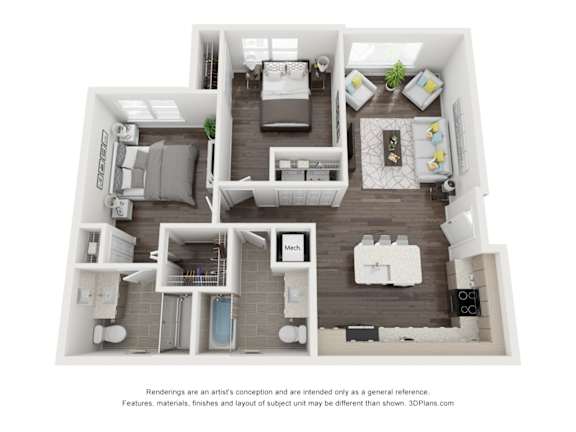 A 3D floor plan of a house with a kitchen, living room, and two bedrooms.