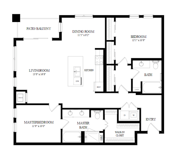 A black and white floor plan of a house with a patio balcony, living room, dining room, kitchen, master bedroom, and bath.
