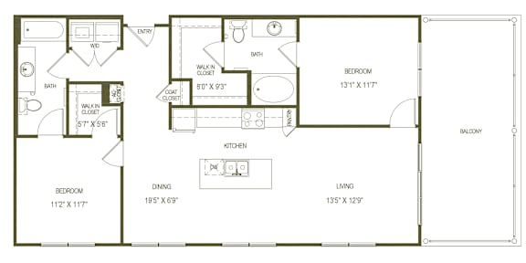 A floor plan of a house with a balcony, bathroom, and kitchen.