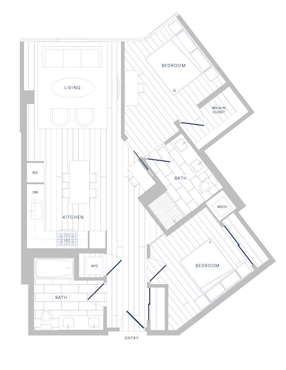 A floor plan of a house with labeled rooms such as bedroom, bath, and kitchen.