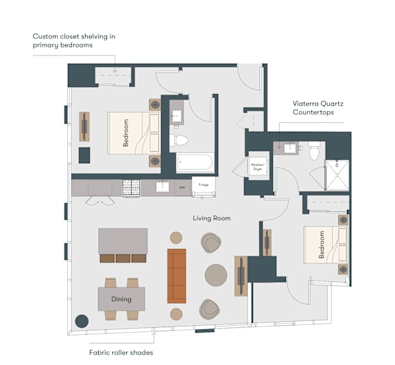 A floor plan of a Viaterra Quartz Countertops apartment layout.