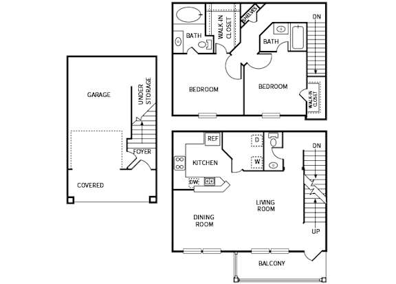 A floor plan of a house with a garage, two bedrooms, a living room, dining room, kitchen, and a balcony.