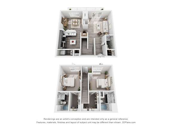 A floor plan of a two-story apartment with a living room, kitchen, and bedrooms.