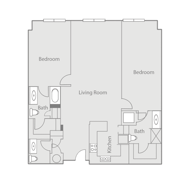 A floor plan of a house with two bedrooms, a living room, a kitchen, and two bathrooms.