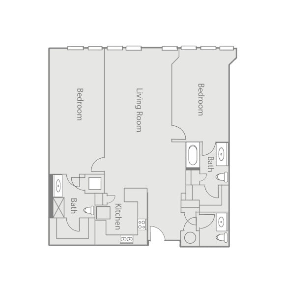 A floor plan of a small apartment with two bedrooms, a living room, a kitchen, and two bathrooms.