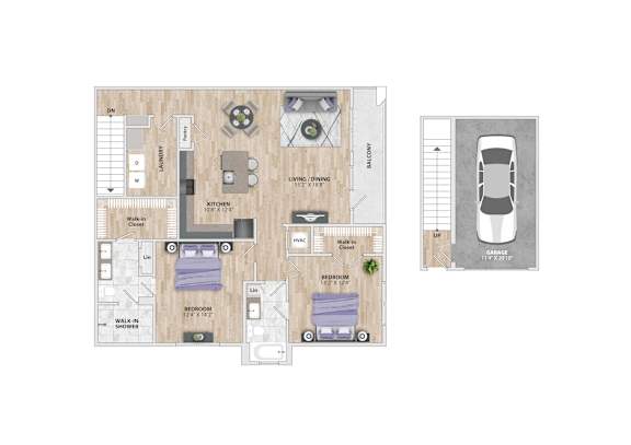 A floor plan of a house with a kitchen, living room, and bathroom.