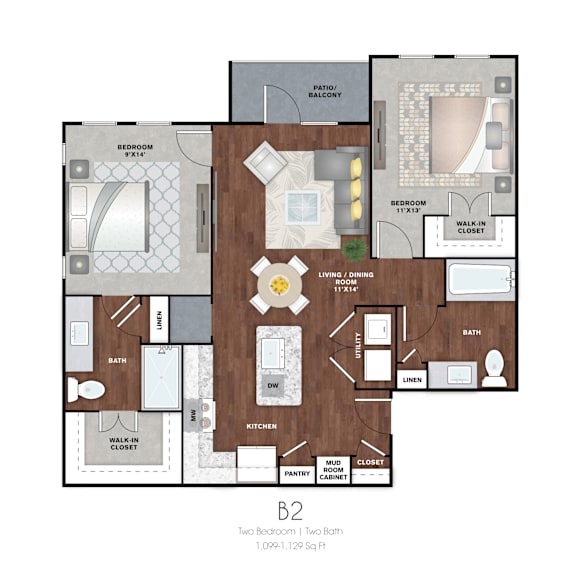 A detailed layout of apartment B2 with two bedrooms, a living room, kitchen, bathroom, and laundry area.