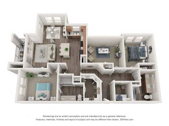A 3D floor plan of a house with multiple rooms and furniture.