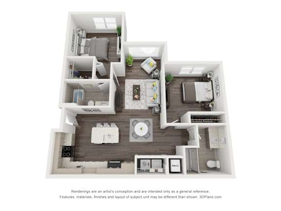 A 3D floor plan of a house with a kitchen, living room, and two bedrooms.